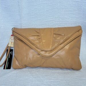 Rare 8Os NWT Vintage Faux-Leather Tan Foldover Wristlet Clutch